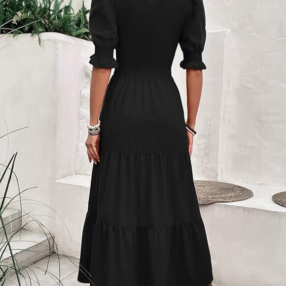 Crew Neck Smocked Maxi Dress — Black | Medium - Picture 2 of 16